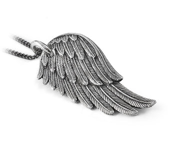 Angel Wing Necklace in Silver - shown on gunmetal chain