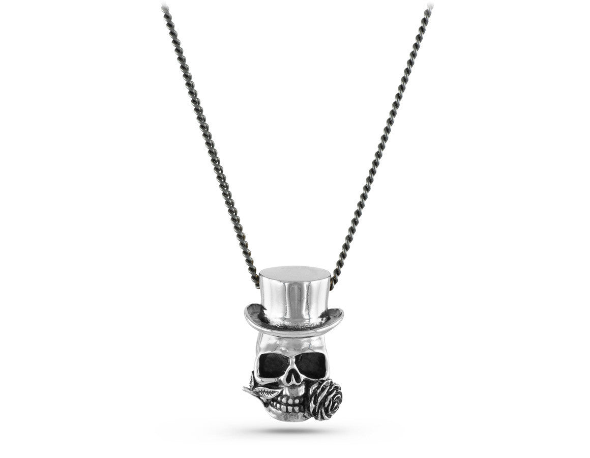 Baron Samedi Skull Necklace in Silver - shown on gunmetal chain