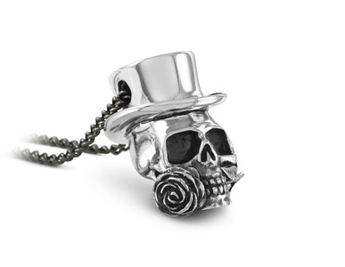 Baron Samedi Skull Necklace in Silver - shown on gunmetal chain