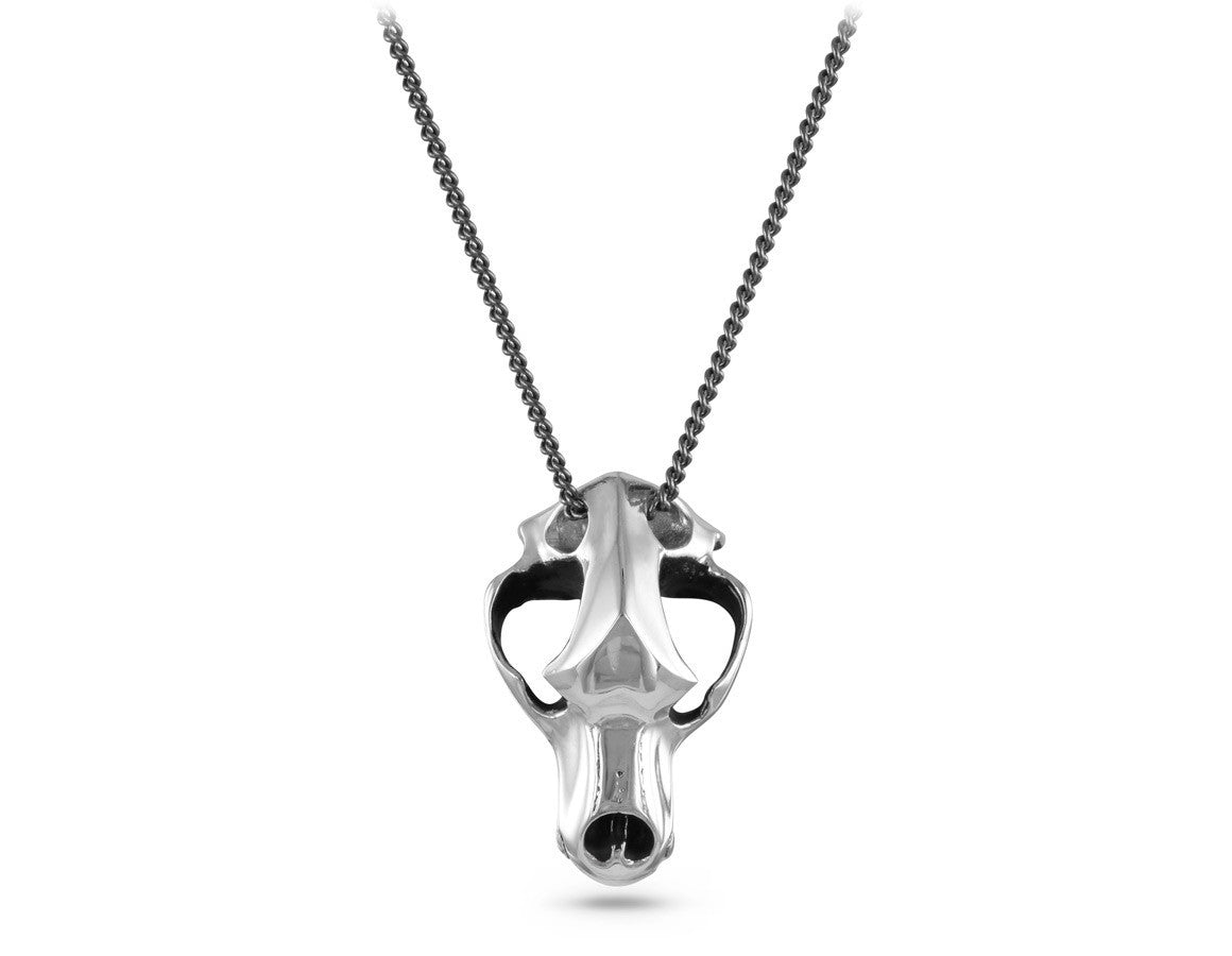 Cave Bear Skull Necklace in Silver - shown on gunmetal chain