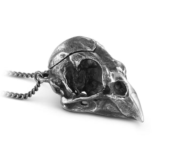 Cardinal Skull Locket in Silver - shown on gunmetal chain