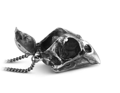 Cardinal Skull Locket in Silver - shown on gunmetal chain