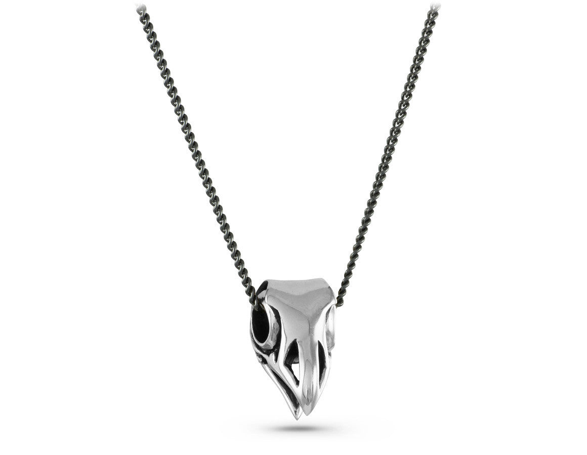 Bird Skull Necklace in Silver - shown on gunmetal chain