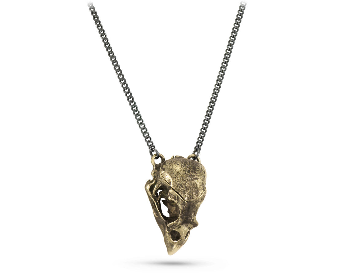 Cardinal Skull Locket in Bronze - shown on gunmetal chain