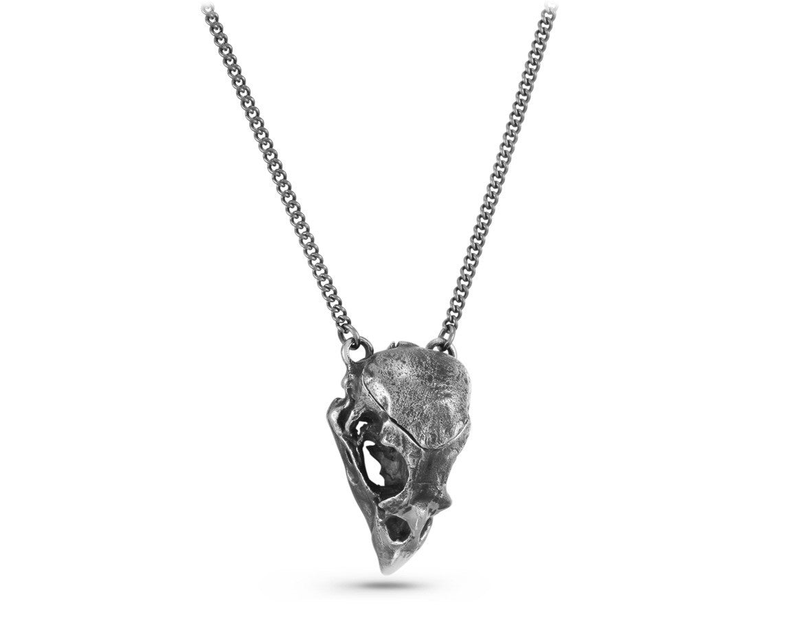 Cardinal Skull Locket in Silver - shown on gunmetal chain