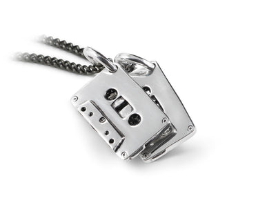 Cassettes Necklace in Silver - shown on gunmetal chain