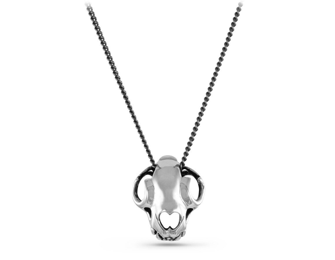 Cat Skull Necklace in Silver - shown on gunmetal chain