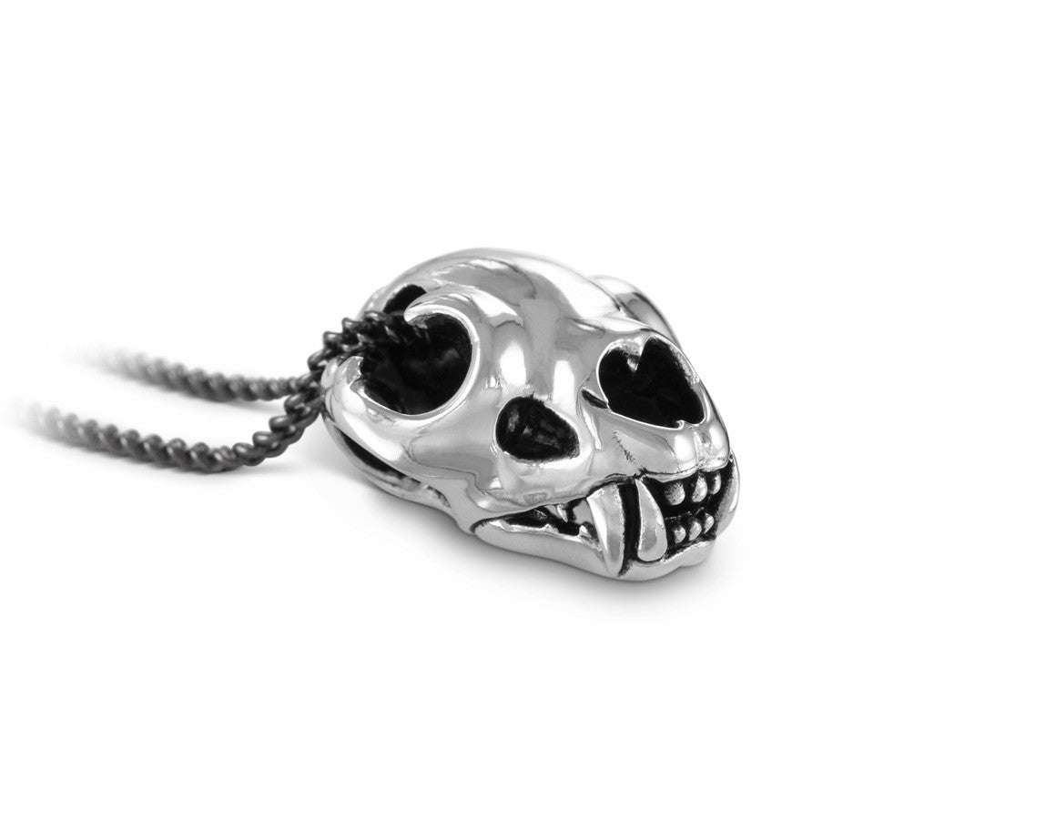 Cat Skull Necklace in Silver - shown on gunmetal chain