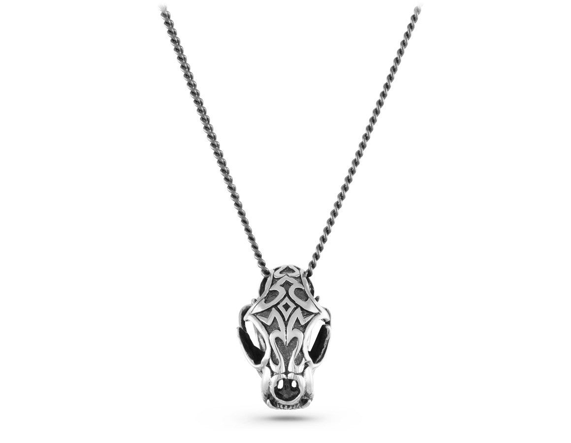 Ornate Lynx Skull Necklace in Silver - shown on gunmetal chain