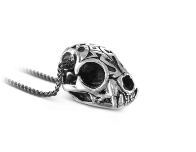 Ornate Lynx Skull Necklace in Silver - shown on gunmetal chain