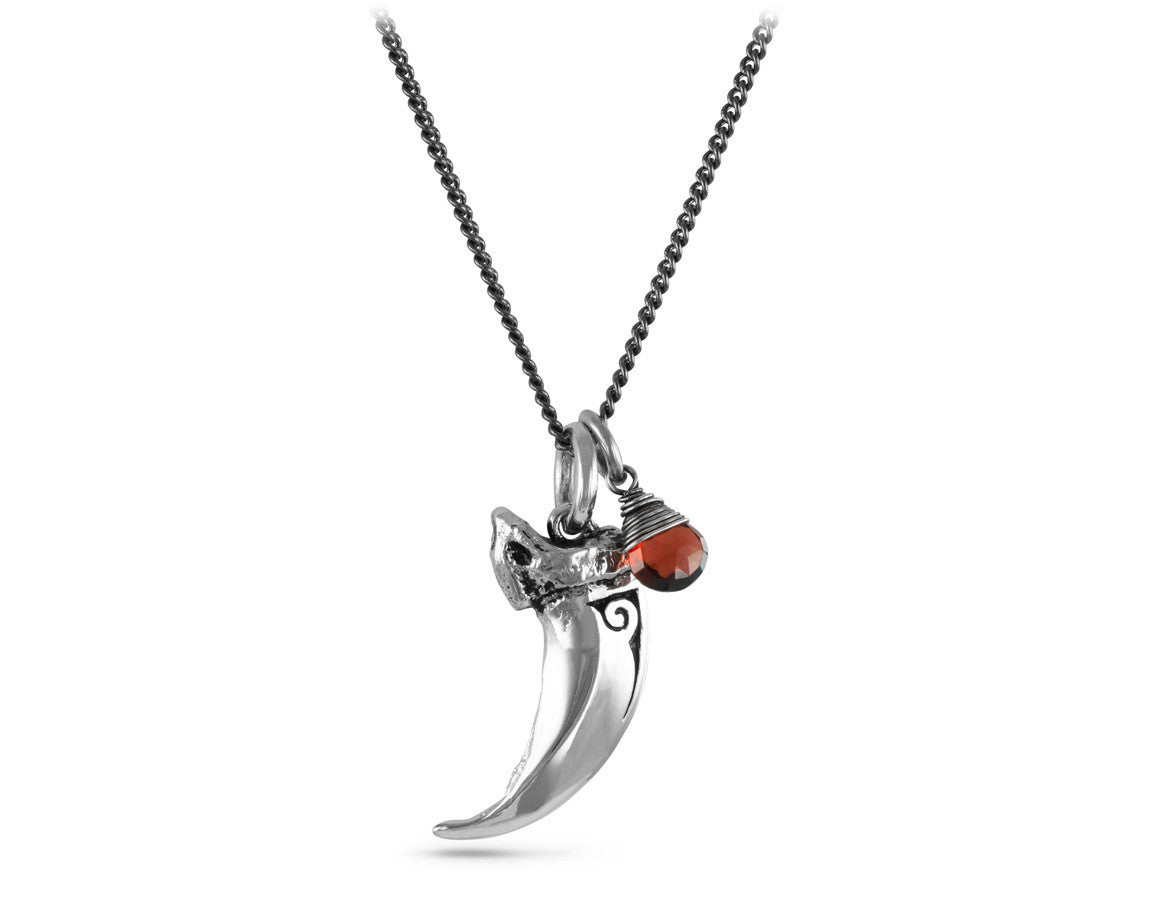 Wolf Claw Necklace with Garnet in Silver - shown on gunmetal chain