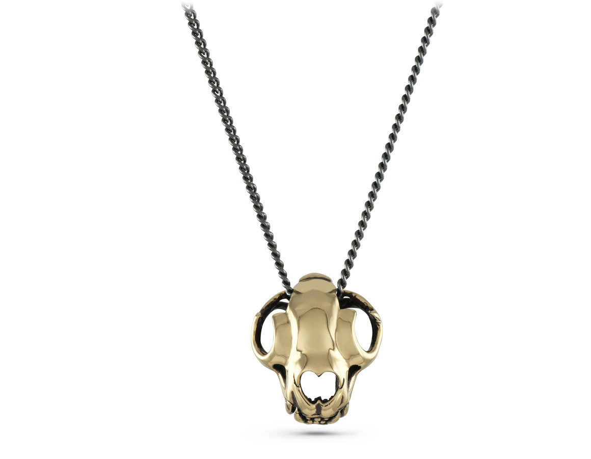 Cat Skull Necklace in Bronze - shown on gunmetal chain