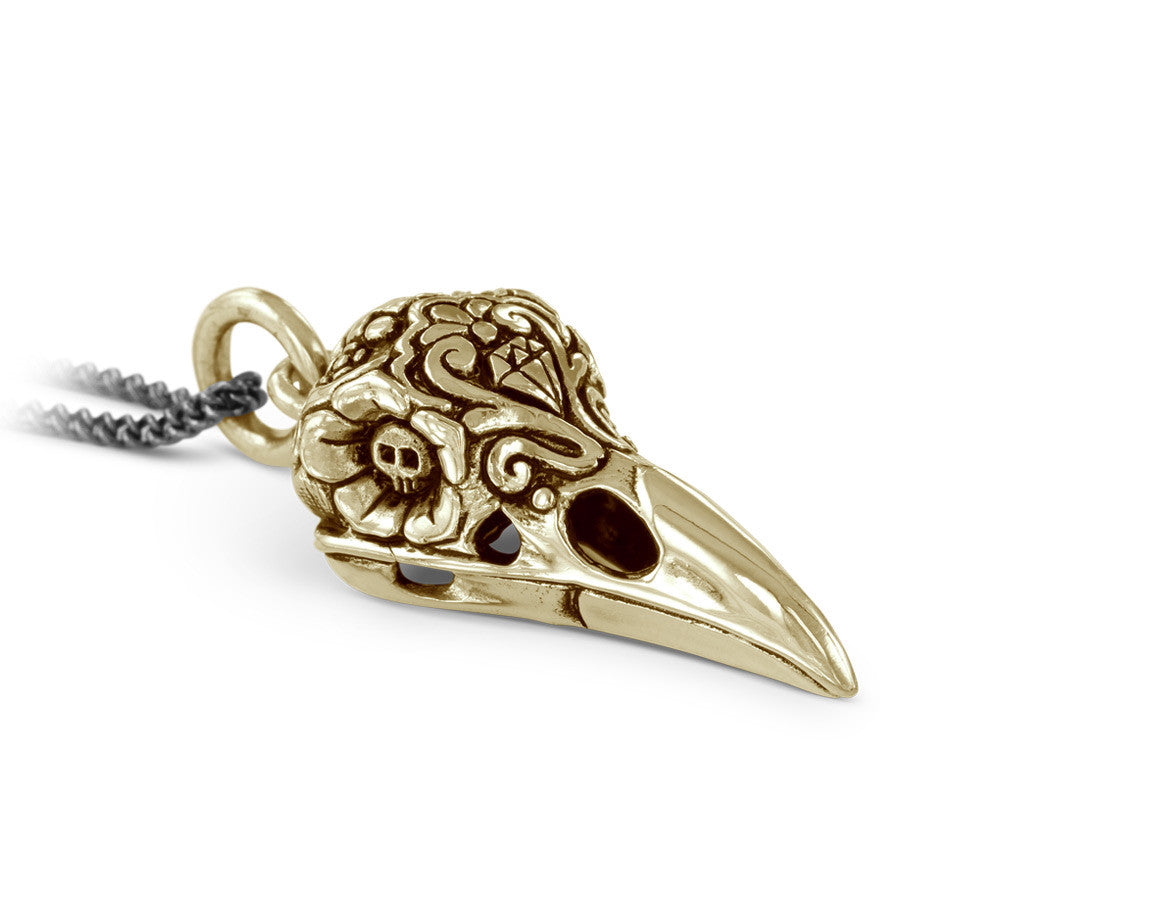 Day of the Dead Raven Skull Necklace in Bronze - shown on gunmetal chain