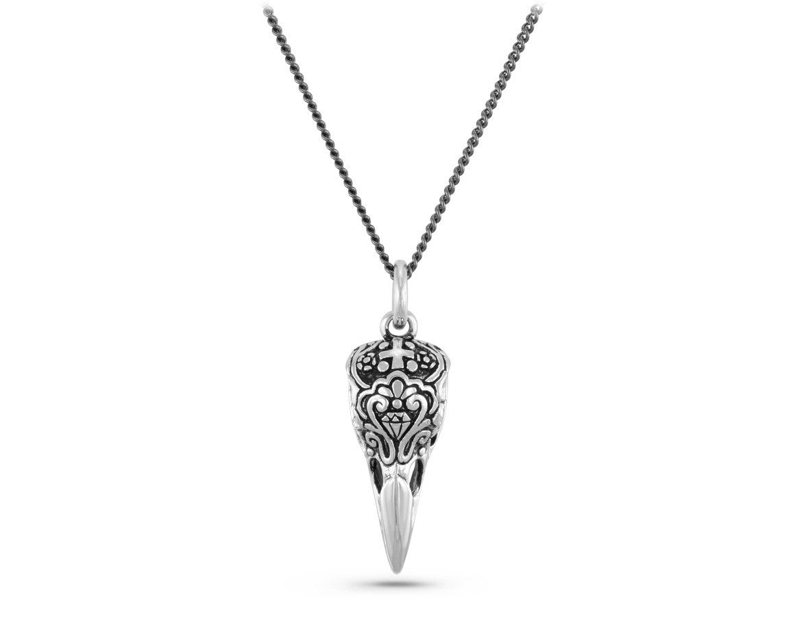 Day of the Dead Raven Skull Necklace in Silver - shown on gunmetal chain