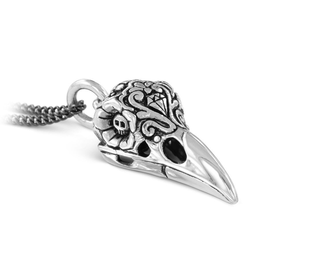 Day of the Dead Raven Skull Necklace in Silver - shown on gunmetal chain