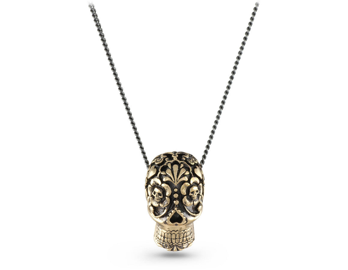 Large Day of the Dead Skull Necklace in Bronze - shown on gunmetal chain