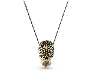 Large Day of the Dead Skull Necklace in Bronze - shown on gunmetal chain