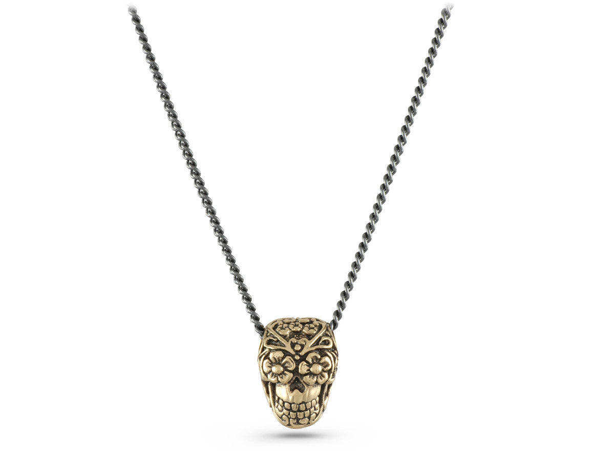 Small Day of the Dead Skull Necklace in Bronze - shown on gunmetal chain