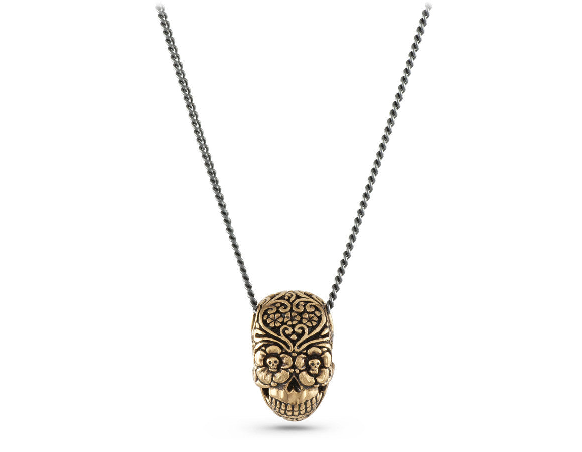 Day of the Dead Skull Necklace in Bronze - shown on gunmetal chain