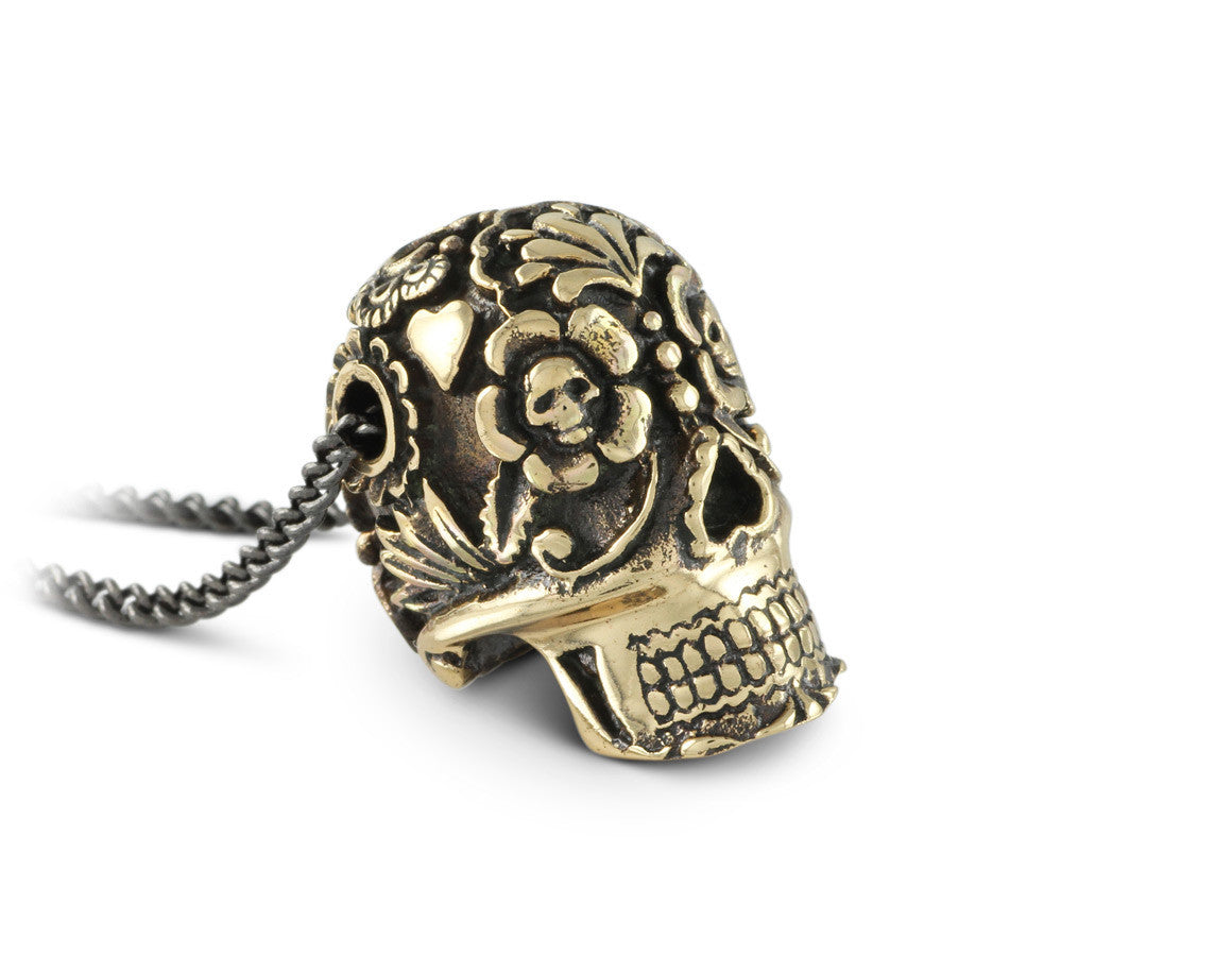 Large Day of the Dead Skull Necklace in Bronze - shown on gunmetal chain