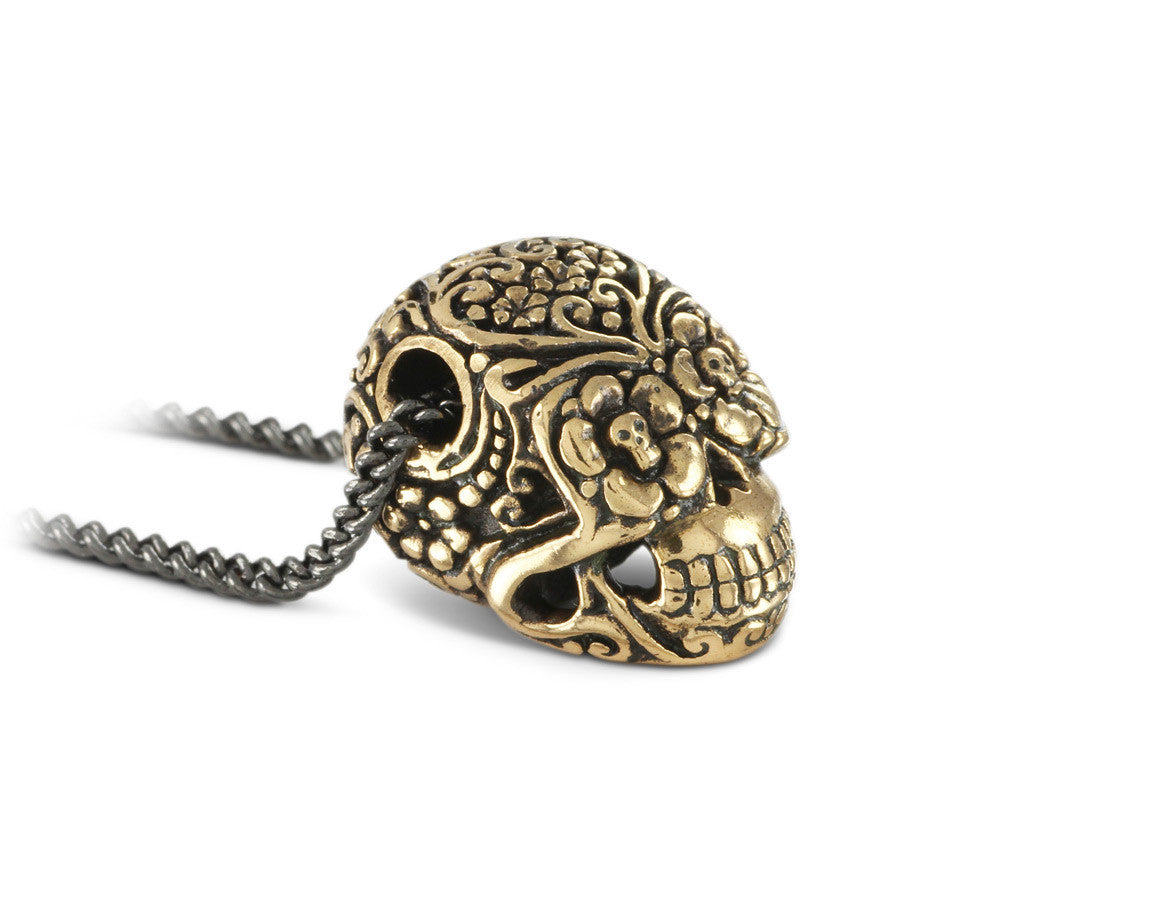 Day of the Dead Skull Necklace in Bronze - shown on gunmetal chain