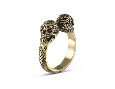 Day of the Dead Twin Skull Ring in Bronze