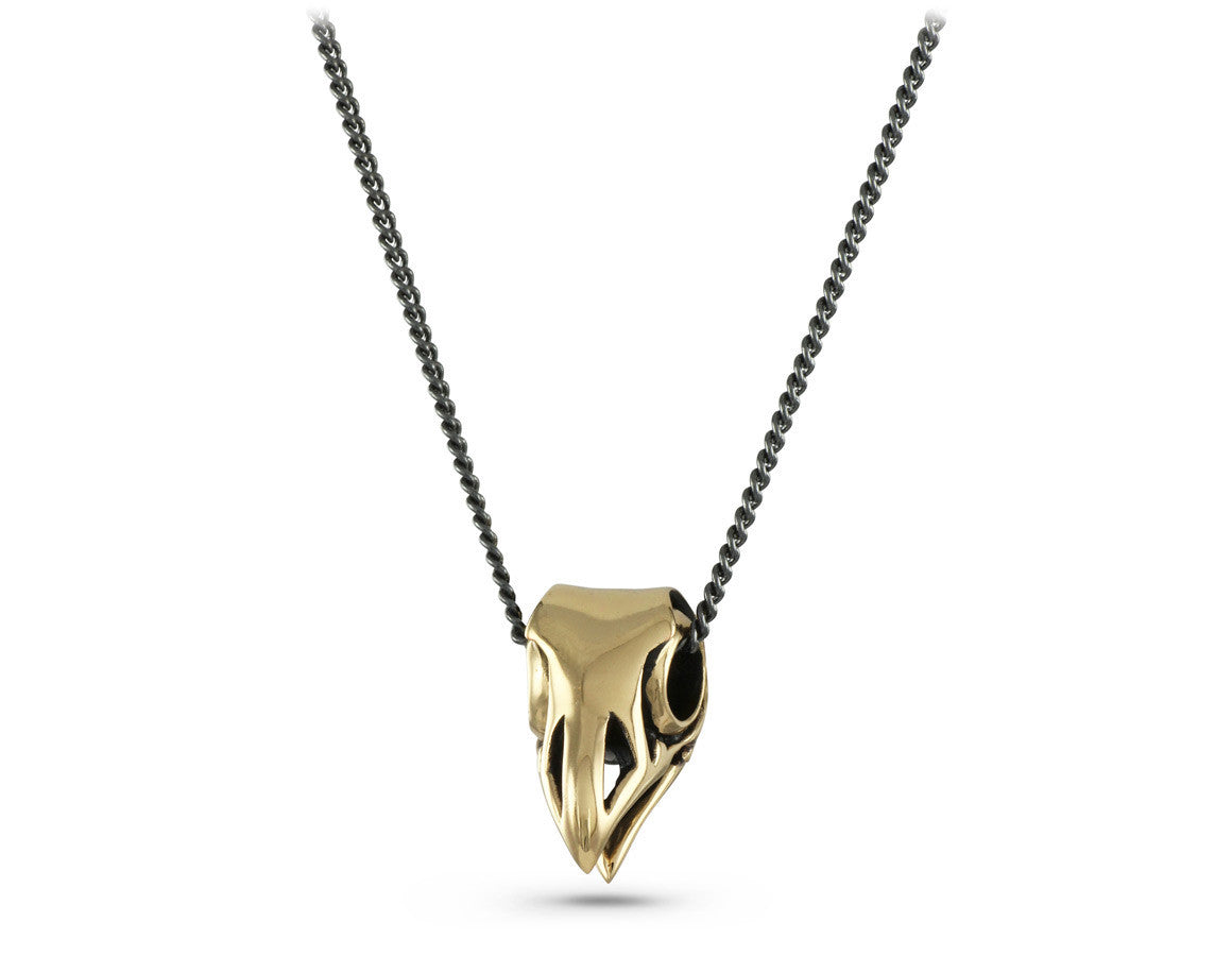 Bird Skull Necklace in Bronze - shown on gunmetal chain