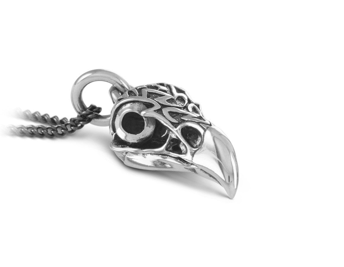 Ornate Eagle Skull Necklace in Silver - shown on gunmetal chain