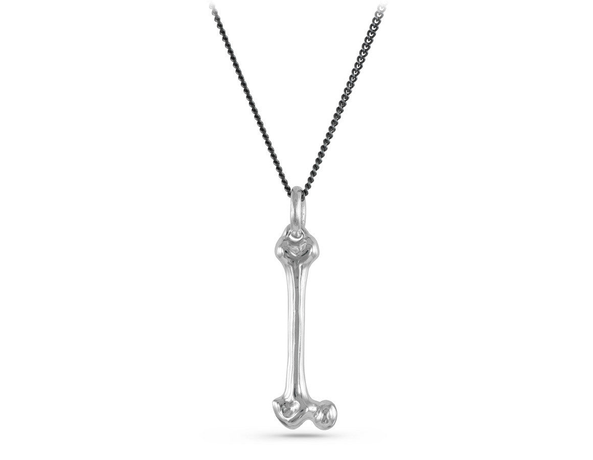 Femur Bone Necklace in Silver - shown on gunmetal chain