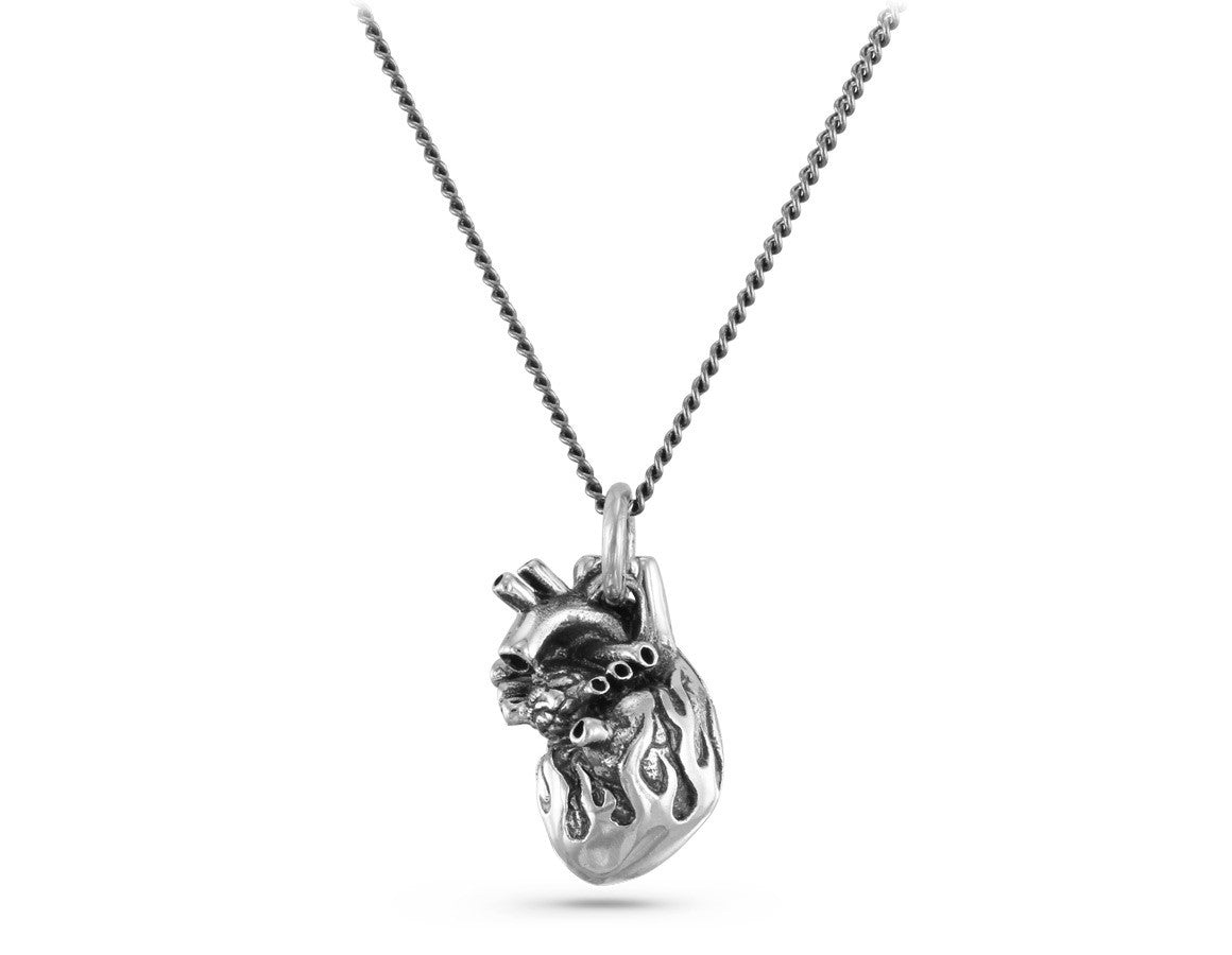 Flaming Anatomical Heart Necklace in Silver - shown on gunmetal chain