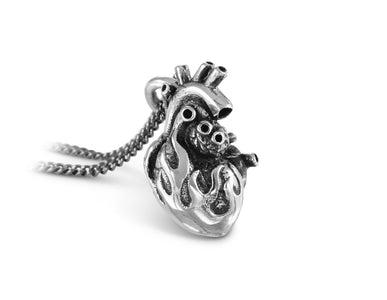 Flaming Anatomical Heart Necklace in Silver - shown on gunmetal chain