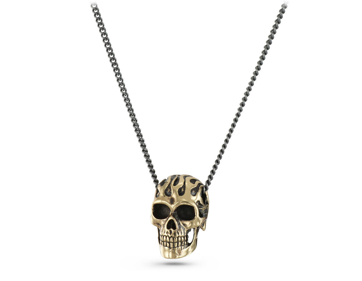 Flaming Skull Necklace in Bronze - shown on gunmetal chain