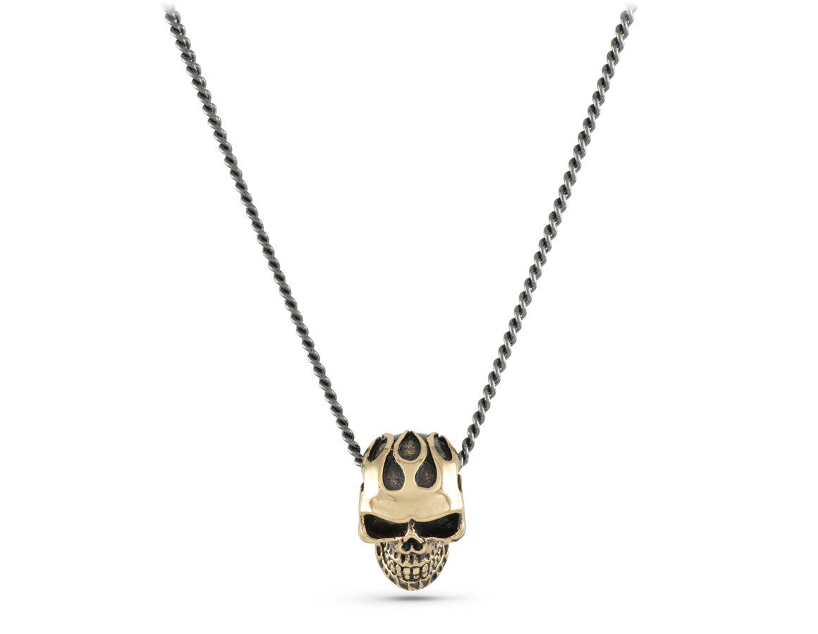 Small Flaming Skull Necklace in Bronze - shown on gunmetal chain