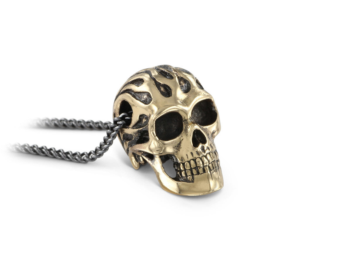 Flaming Skull Necklace in Bronze - shown on gunmetal chain