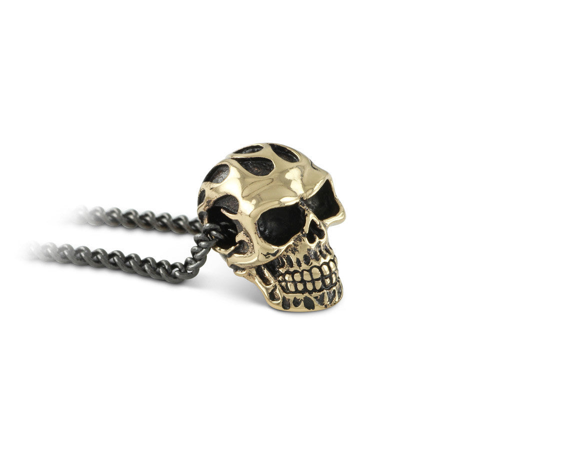 Small Flaming Skull Necklace in Bronze - shown on gunmetal chain