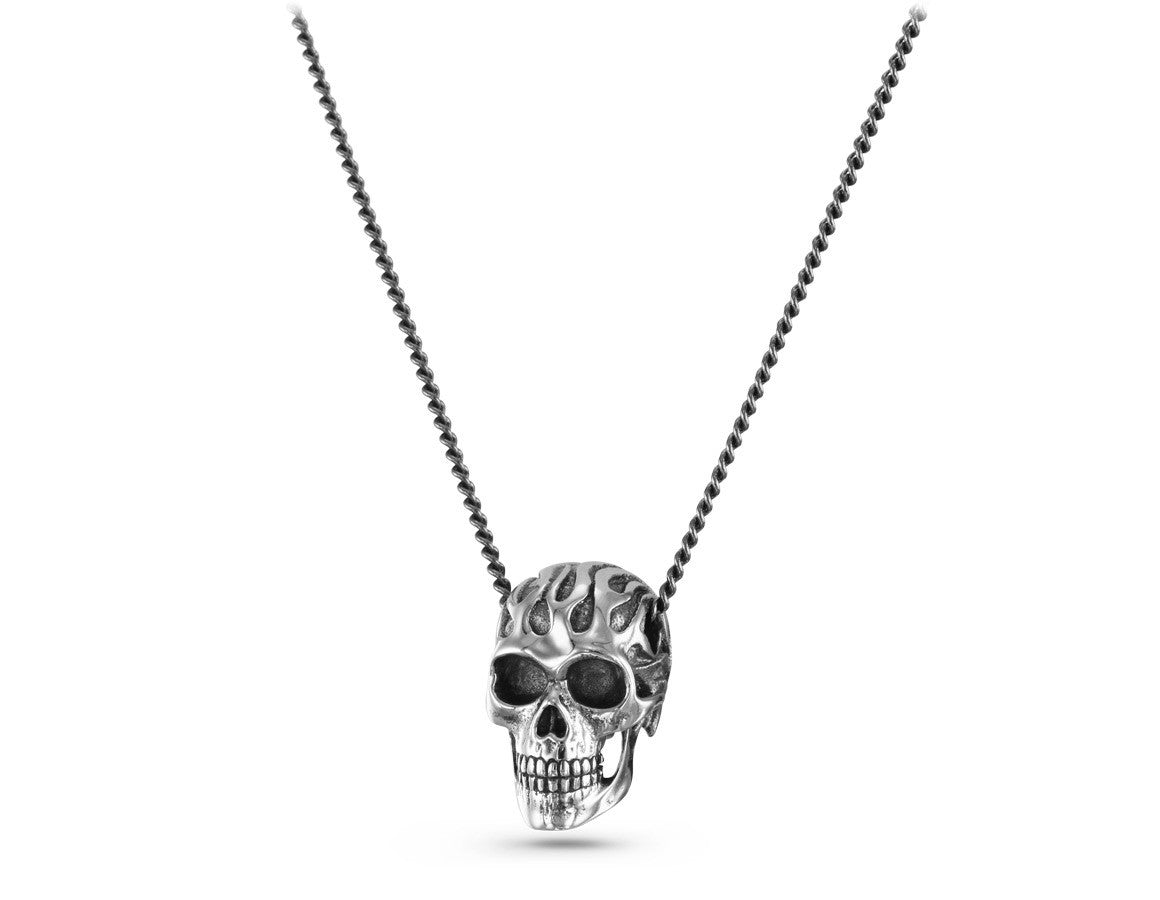 Flaming Skull Necklace in Silver - shown on gunmetal chain