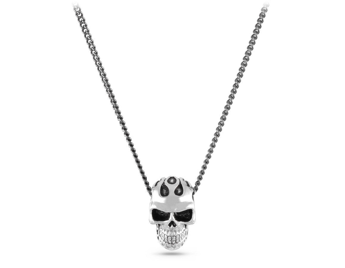 Small Flaming Skull Necklace in Silver - shown on gunmetal chain