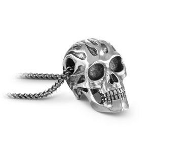 Flaming Skull Necklace in Silver - shown on gunmetal chain