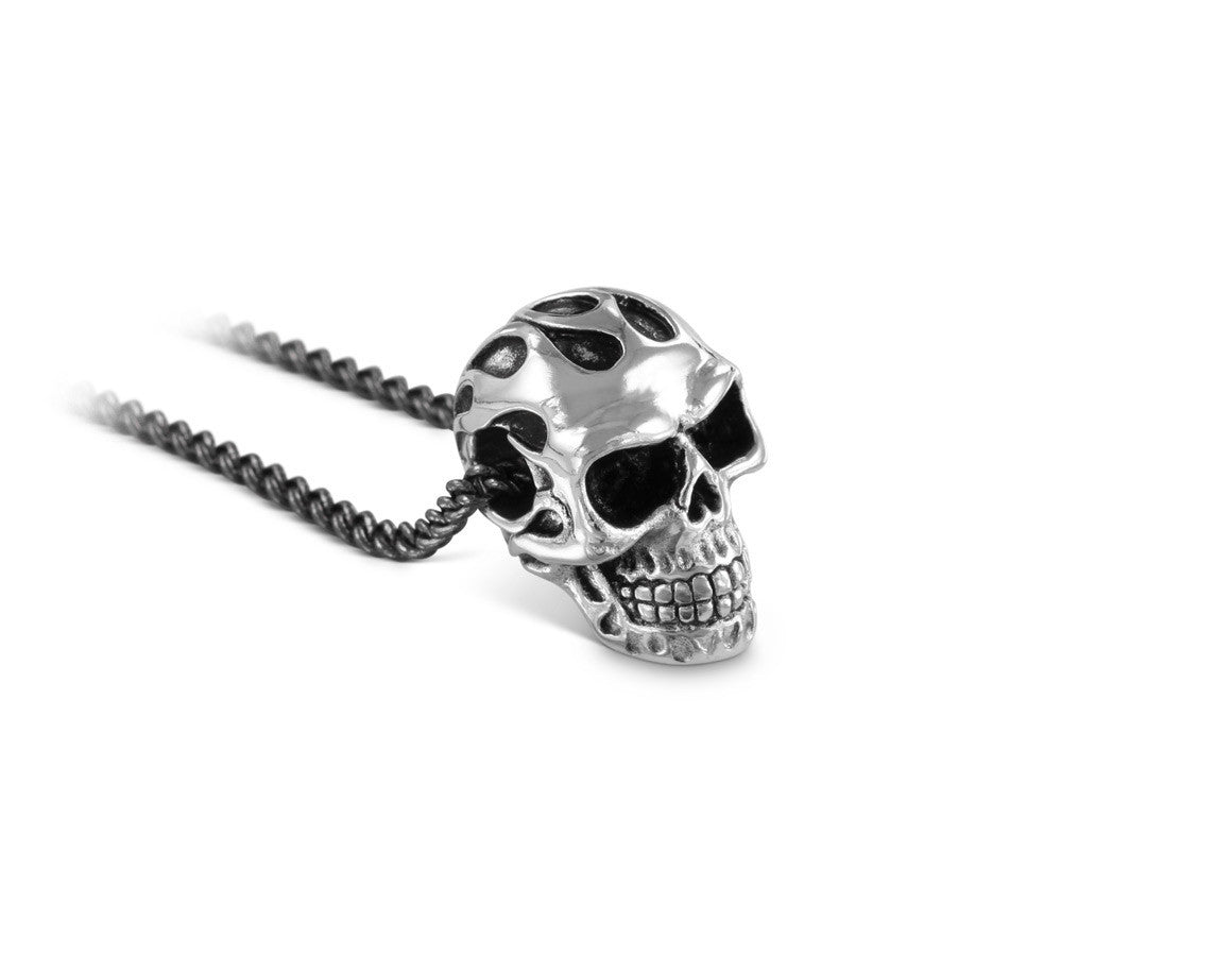 Small Flaming Skull Necklace in Silver - shown on gunmetal chain