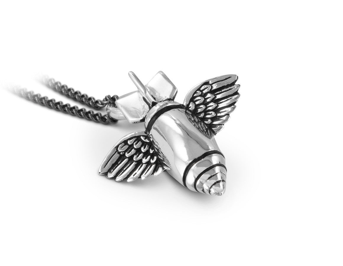 Flying Bomb Necklace in Silver - shown on gunmetal chain