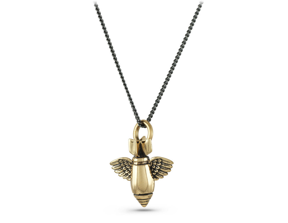 Flying Bomb Necklace in Bronze - shown on gunmetal chain