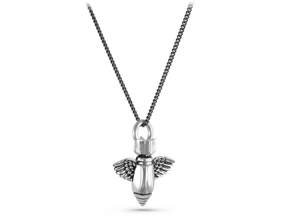 Flying Bomb Necklace in Silver - shown on gunmetal chain