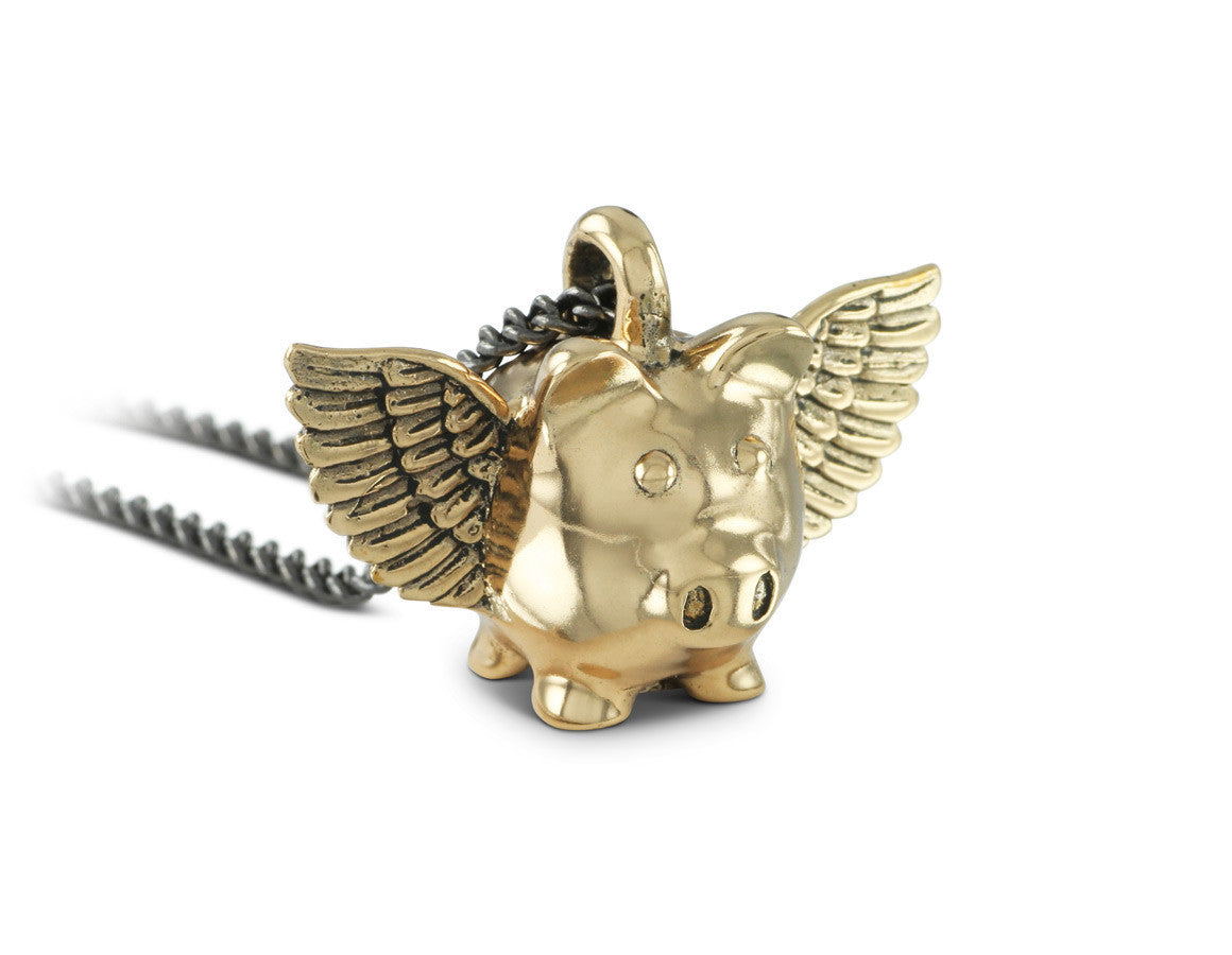 Flying Pig Necklace in Bronze - shown on gunmetal chain