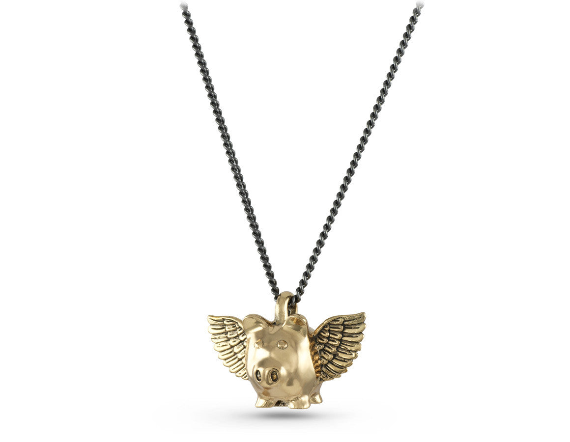 Flying Pig Necklace in Bronze - shown on gunmetal chain