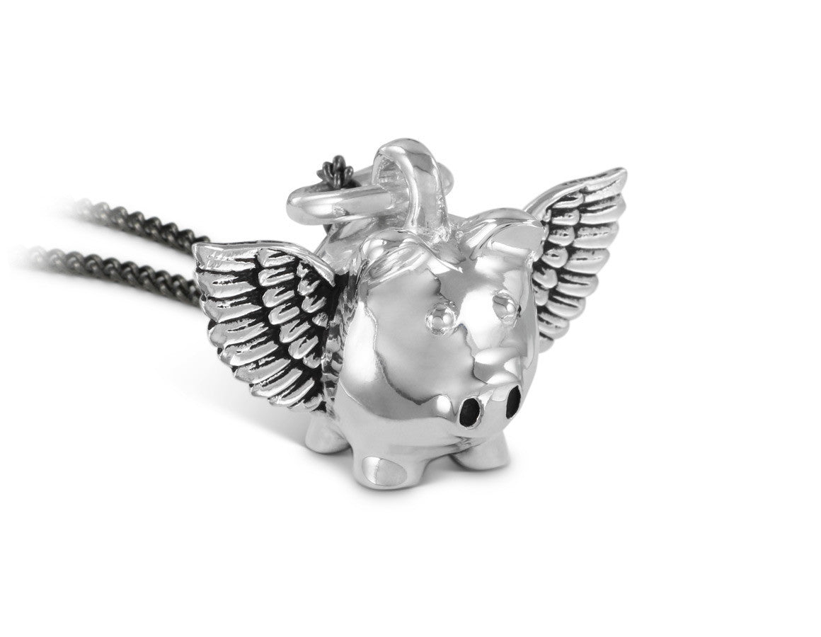 Flying Pig Necklace in Silver - shown on gunmetal chain