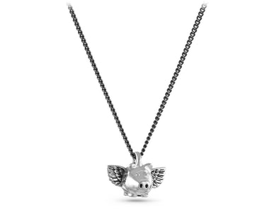 Small Flying Pig Necklace in Silver - shown on gunmetal chain