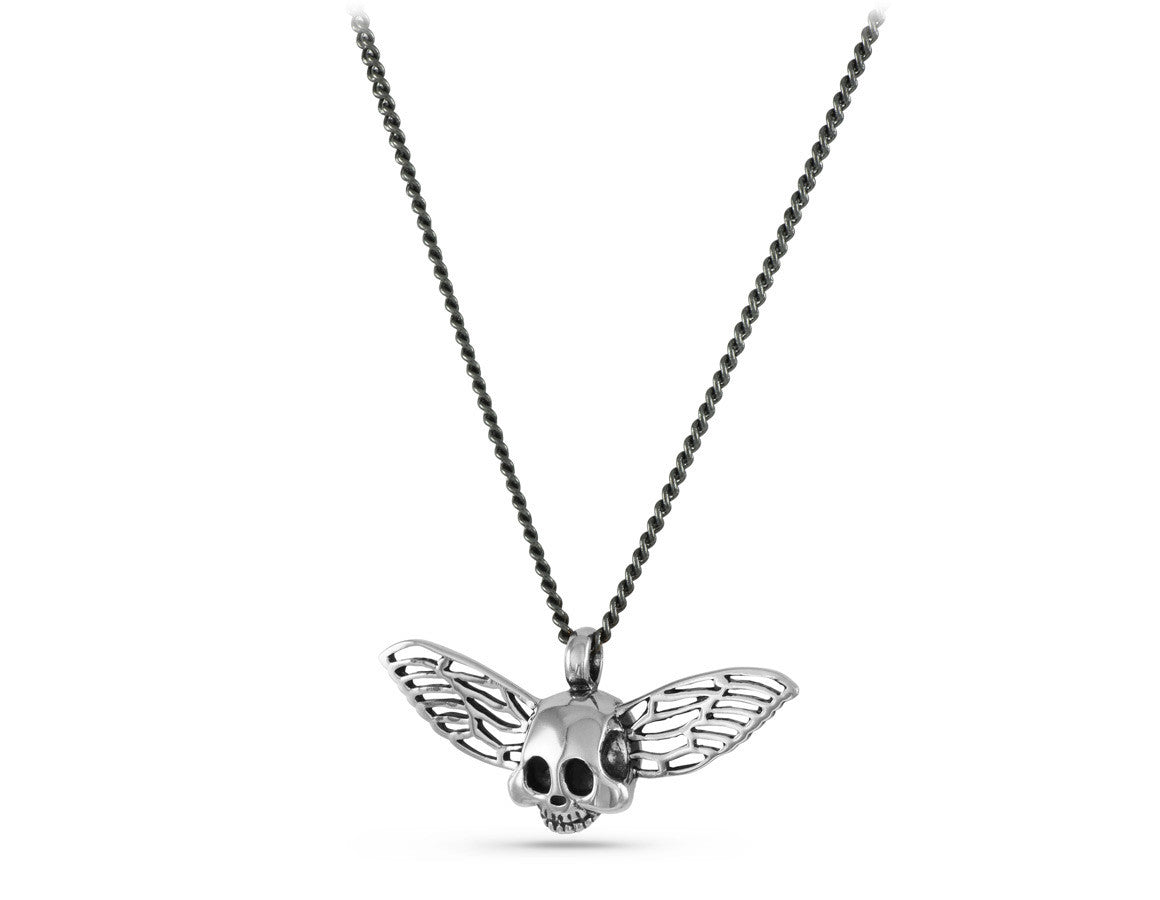 Flying Skull Necklace in Silver - shown on gunmetal chain