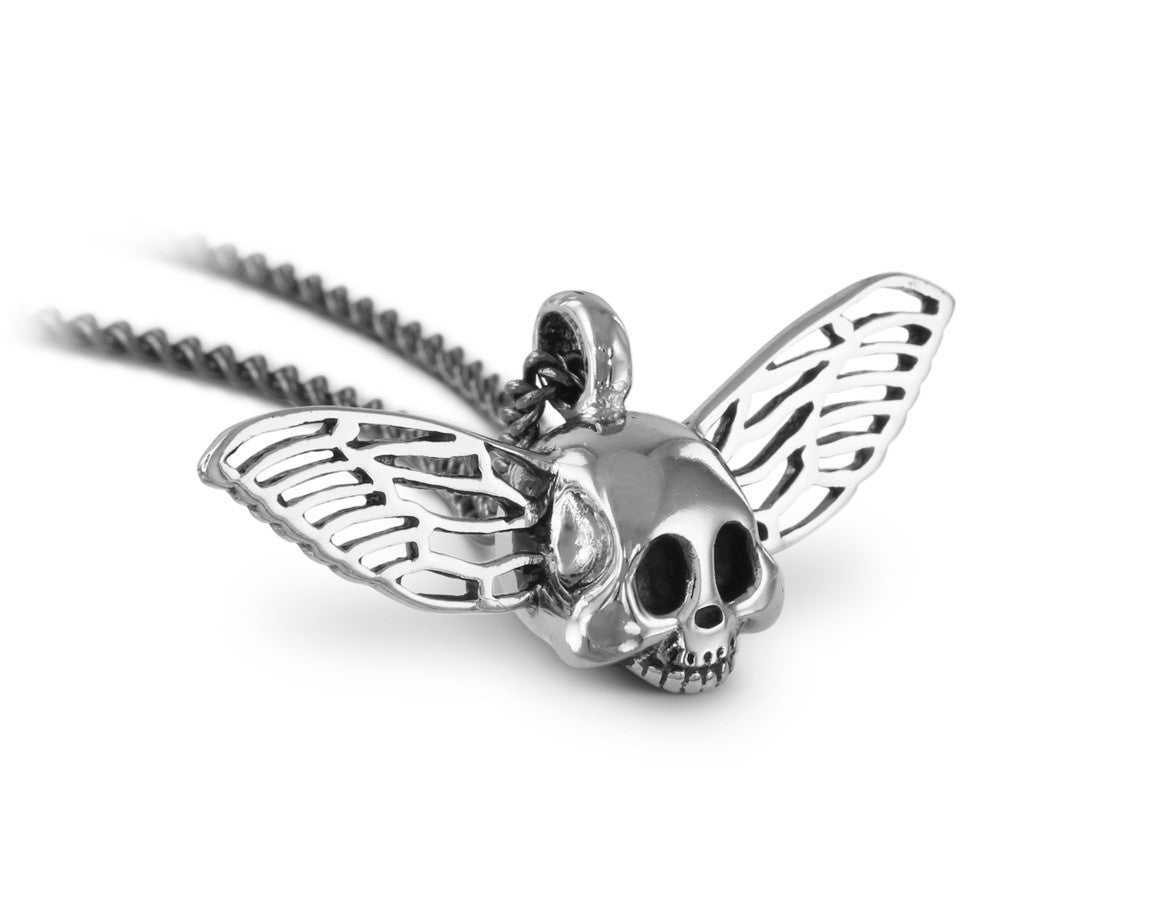 Flying Skull Necklace in Silver - shown on gunmetal chain