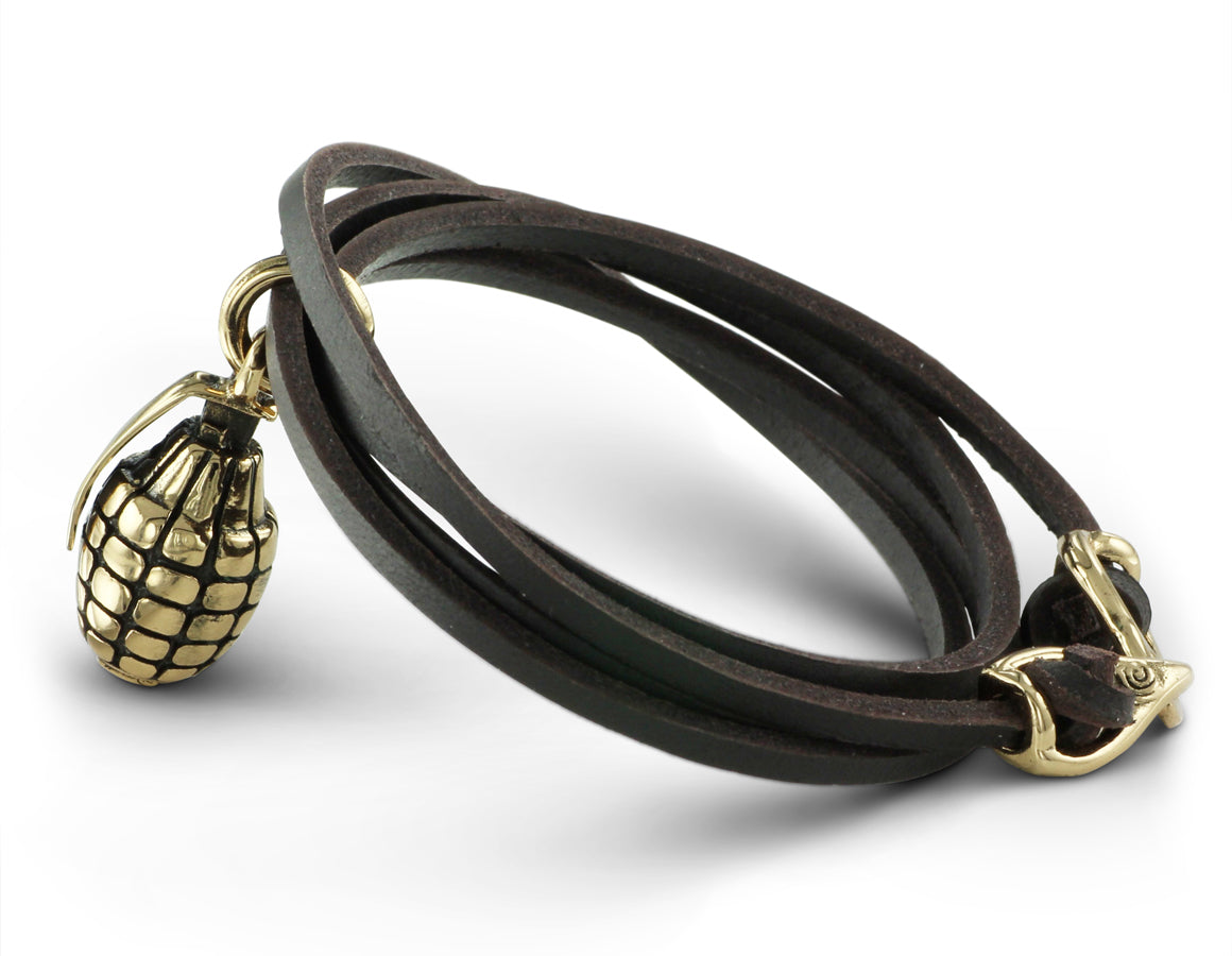 Grenade Leather Bracelet in Bronze - shown on brown leather