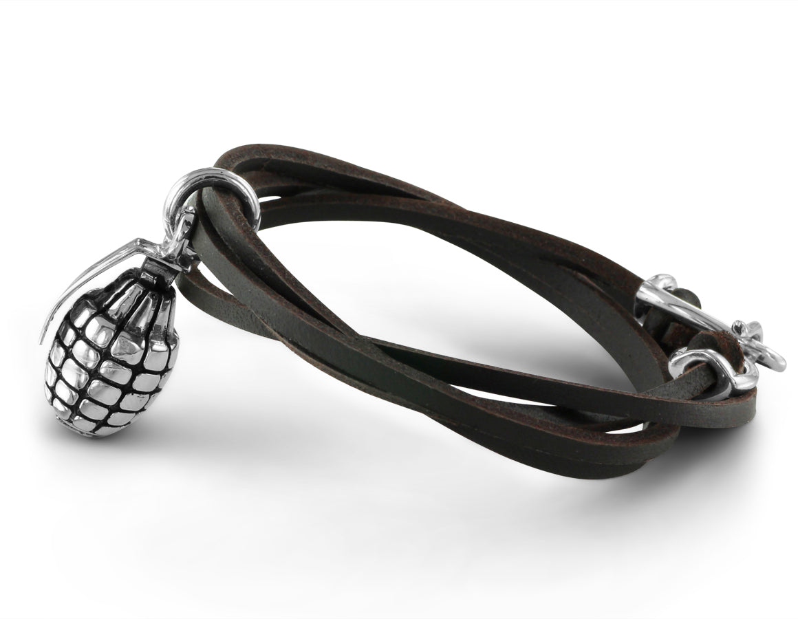 Grenade Leather Bracelet in Silver - shown on brown leather